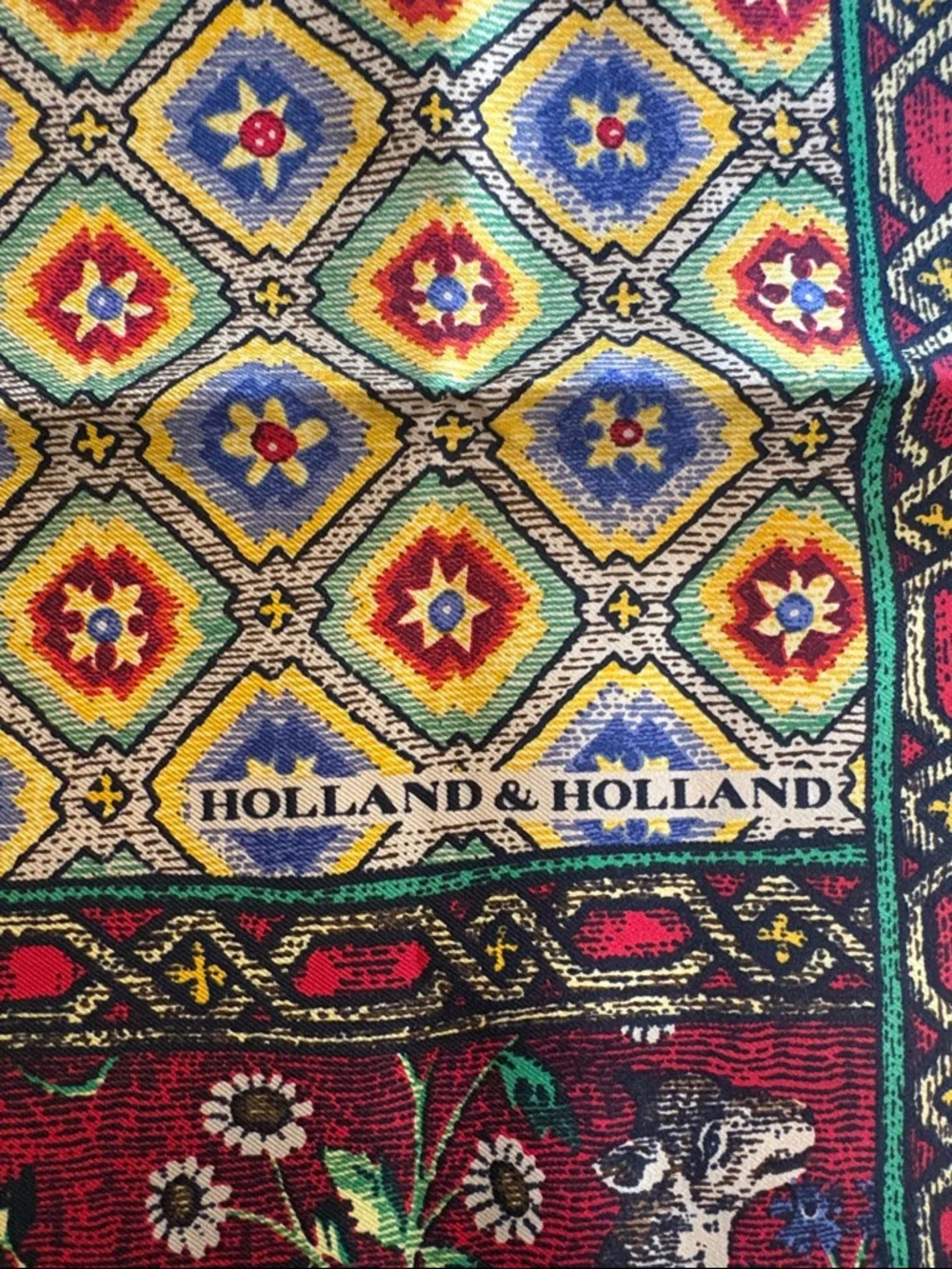 Vintage Holland & Holland Multicolor Wildlife Silk Scarf-Red,Blue, Yellow,Orange